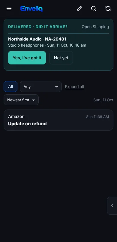 Enveliq on a phone, showing a parcel that has arrived and a list with one email.