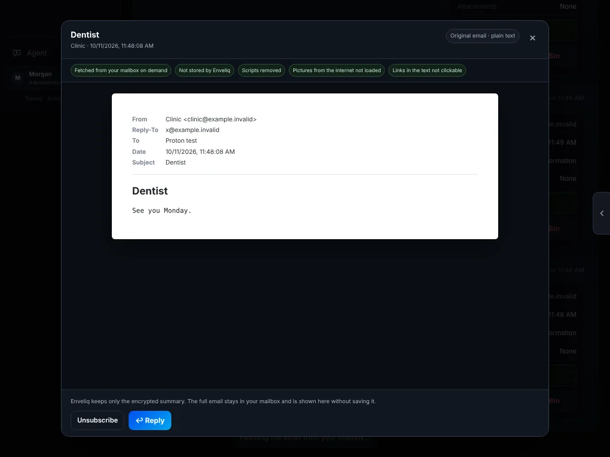 An email from a clinic shown in a plain viewer. A row of labels says it was fetched on demand, not stored, scripts removed, pictures not loaded and links not clickable. Buttons at the bottom offer Unsubscribe and Reply.