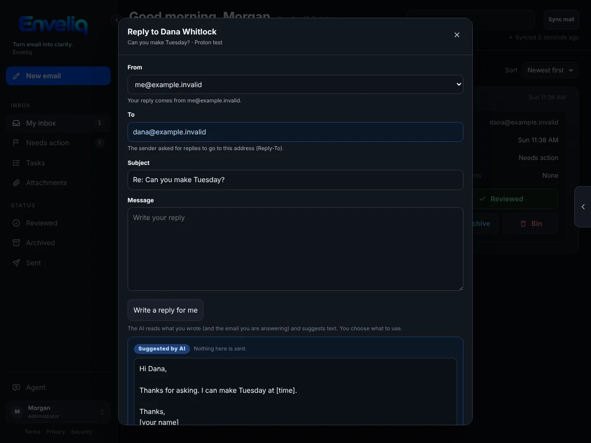 The reply box with a suggested reply in a separate box labelled Suggested by AI. The note beside it says nothing in it is sent.